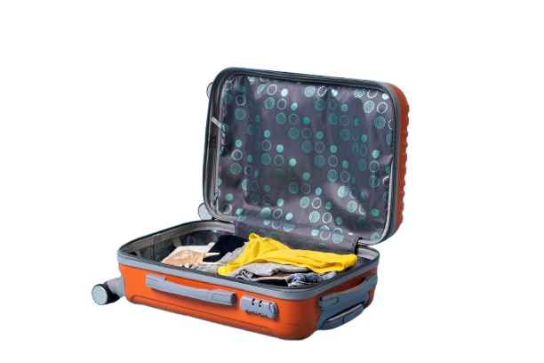 Open suitcase with packed travel items